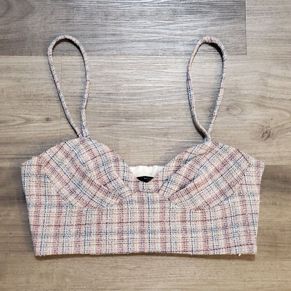 Zara Womens Sz Small Tweed Cropped Bralette Top Pink Blue Plaid Sparkle Twee